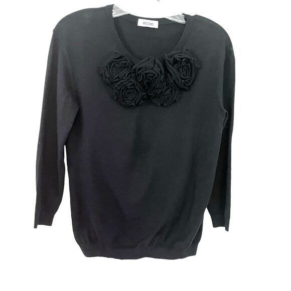 Moschino Black Virgin Wool Rosette Long Sleeve Crewneck Pullover Sweater Size S - Picture 1 of 6